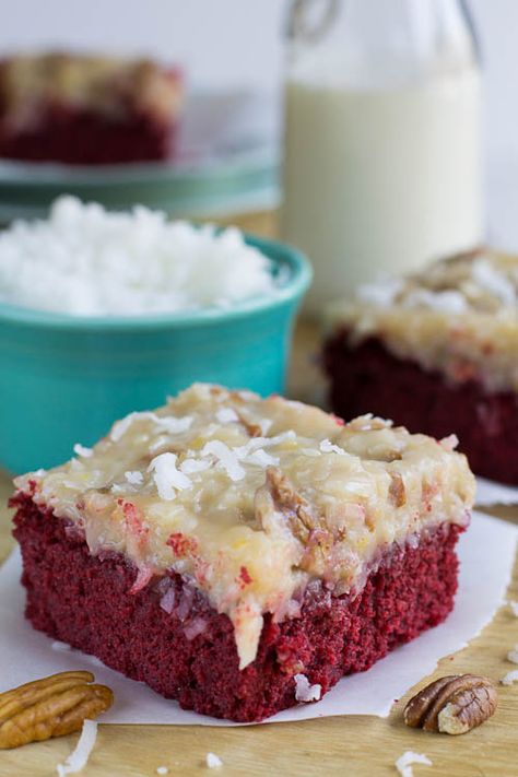 German Chocolate-Red Velvet Cake - Spicy Southern Kitchen German Chocolate Frosting, Southern Cake, Red Velvet Recipes, Red Velvet Cake Recipe, Velvet Cake Recipes, Red Cake, German Chocolate Cake, German Chocolate, Cake Frosting