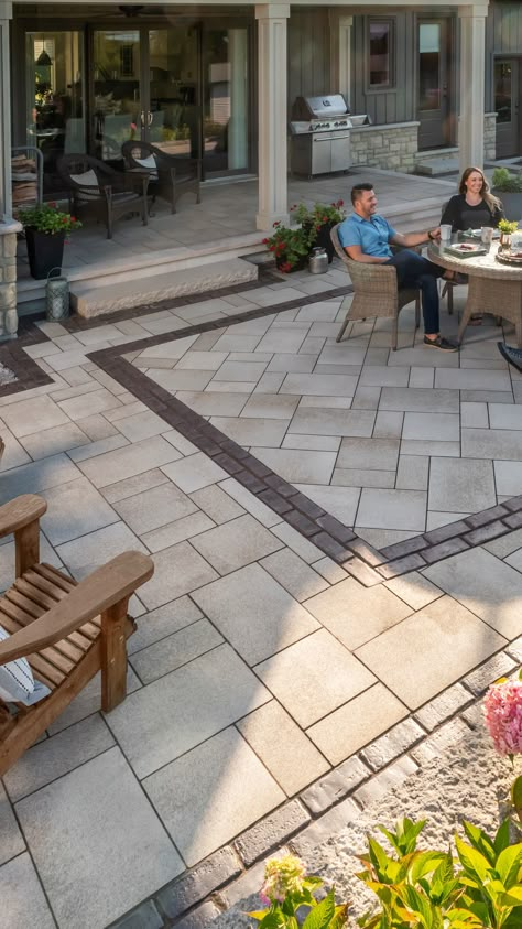 All Pavers Backyard, Brick Paver Patio Ideas Backyards, Backyard Paver Designs, Back Patio Pavers Backyard Ideas, Outdoor Paver Patio Ideas Backyards, Modern Paver Patio Ideas, Outdoor Patio Paver Designs, Rectangle Patio Ideas, Extending Concrete Patio With Pavers