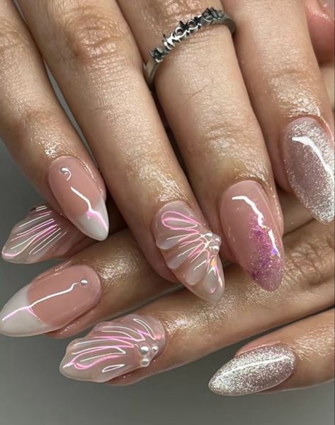 Simple Ethereal Nails, Pink Mermaid Nails, Rounded Acrylic Nails, Funky Nail Designs, Aurora Nails, Summery Nails, Casual Nails, Mermaid Nails, Pretty Nail Designs