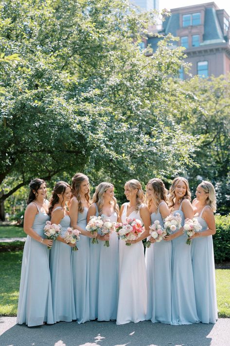 Best Bridesmaid Dresses Blue, Power Blue Bridesmaid Dresses, Bride With Blue Bridesmaids, Blue Wedding Photography, Pastel Blue Wedding Bridesmaid, Blue Hydrangea Wedding Bridesmaid, Brides Maid Dresses Light Blue, Cute Wedding Bridesmaid Dresses, Good Wedding Ideas