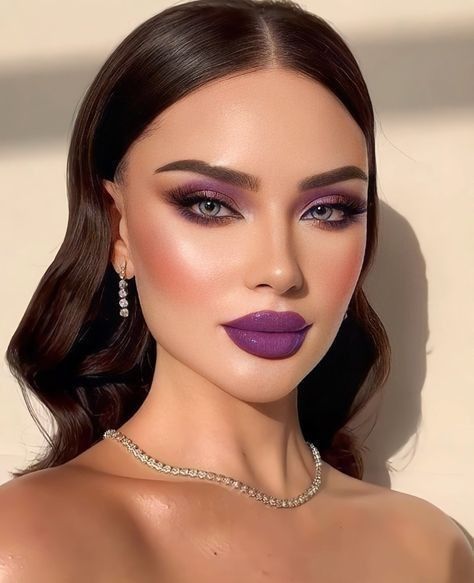 Purple Lips Makeup Look, Purple Lipstick Makeup Look, Purple Glam Makeup Looks, Purple Lipstick Looks, Dark Purple Makeup Looks, Smokey Purple Eye Makeup, Purple Lipstick Makeup, Purple Lips Makeup, Eye Makeup Purple