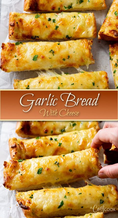 Garlic bread with cheese cut into strips French Bread Side Ideas, Easy Sides For Dinner Simple Recipes, Garlic Cheese Buns Recipe, Cheesy Bread Sticks Recipe, Garlic Bread With Cheese Recipes, Crescent Roll Garlic Cheese Bread, Garlic Bread With Baguette, Simple Good Food Recipes, French Bread Cheese Bread