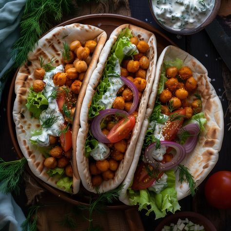 Vegan Roasted Chickpea Gyros Ingredients: - For the roasted chickpeas: - 1 can (15 oz) chickpeas, drained and rinsed - 1 tablespoon olive oil - 1 teaspoon smoked paprika - 1/2 teaspoon ground cumin - 1/4 teaspoon garlic powder - Salt and pepper to taste - For the tzatziki sauce: - 1 cup vegan yogurt - 1 cucumber, grated and squeezed to remove excess water - 2 cloves garlic, minced - 1 tablespoon lemon juice - 1 tablespoon fresh dill, chopped - Salt and pepper to taste - For the g... Chickpea Gyros, Roasted Chickpea, Vegan Roast, Vegan Yogurt, Tzatziki Sauce, Roasted Chickpeas, Fresh Dill, Smoked Paprika, Chickpeas