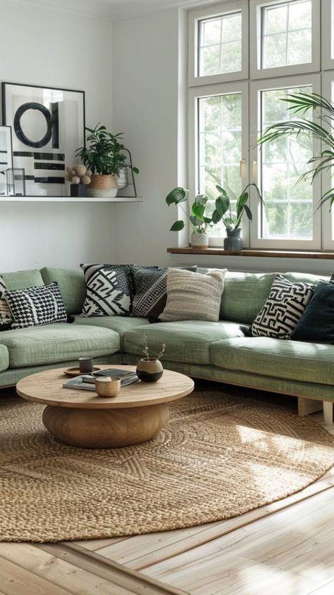 Green And Wicker Living Room, Light Green And Black Living Room, Living Room Decor Green Accents, Cozy Green Living Room, Gray And Green Living Room, Living Room Design Green, Green Living Room Ideas, Hannah Ideas, Green Couch Living Room