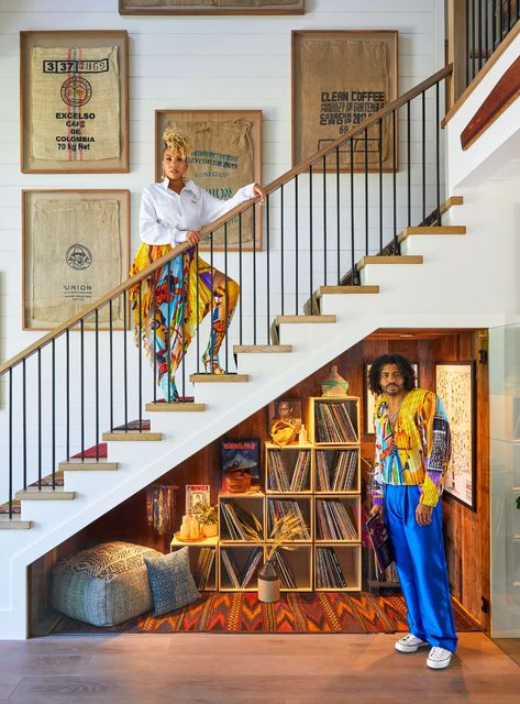 Step Inside Emmy Raver-Lampman and Daveed Diggs's Colorful Southern California Home | Architectural Digest Staircase Pendant Light, California House Style, West Elm Pendant Light, West Elm Desk, World Market Chair, Monkey Room, White Marlin, Daveed Diggs, Cole And Son Wallpaper