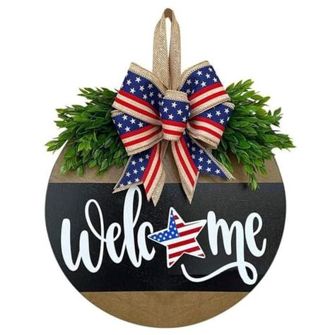 4th Of July Welcome Sign, Patriotic Door Wreath, Sign For Front Door, Welcome Signs Front Door, Wreath Hanging, Door Hanging Decorations, Memorial Day Wreaths, Wood Wreath, Summer Door Wreaths