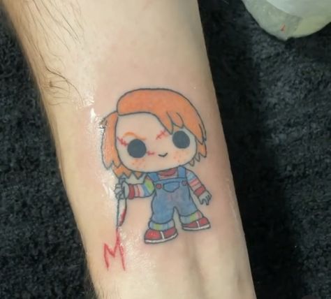 Chuckie Tattoo, Chucky Tattoo Ideas, Chucky Tattoo Stencil, Chucky Tattoos, Chucky Wallpaper, Chucky Tattoo, Food Tattoos, Dinosaur Tattoos, Small Tats