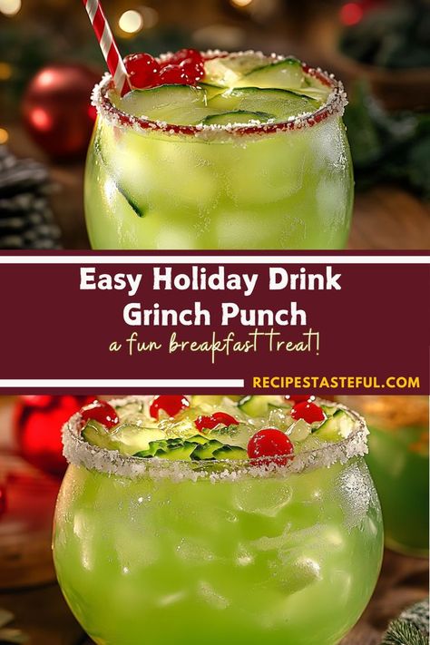 Grinch Punch is a fun and festive holiday drink that’s sure to be a hit at any Christmas party. This vibrant green punch is made with a mix of tropical fruit juices, lemon-lime soda, and a splash of lime sherbet, creating a sweet, tangy, and refreshing beverage. Perfect for kids and adults alike, it’s a playful and colorful addition to your holiday celebrations, guaranteed to bring some Grinch-worthy cheer to the season! Grinch Drinks For Kids, Easy Holiday Drinks, Grinch Drink, Grinch Punch, Festive Holiday Drinks, Holiday Punch Recipe, Green Punch, Sherbet Punch, Lime Sherbet