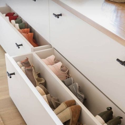 Shoe Built In Storage, Entry Way Built In Shoe Storage, Shoe Drawer Entryway, Closet Shoe Drawer, Shoe Drawer Ideas, Built In Shoe Storage Entrance, Built In Bench With Shoe Storage, Shoe Storage Built In, Walk In Robe Shoe Storage