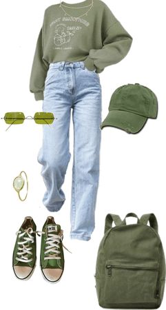 Modern Outfits For School, Yellow Green Outfit Aesthetic, Green Outfit For School, Tomboy Green Outfits, Matcha Inspired Outfits, Cute Green Outfits Casual, Green Indie Outfit, Green Outfit Board, Green Back To School Outfits