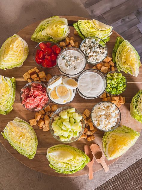 How to Make a Beautiful Wedge Salad Board! Lettuce Wedge Party Board, Wedge Salad Charcuterie Board, Wedge Salad Board Ideas, Wedge Salad Bar, Make Your Own Salad Bar, Self Serve Food Bar Ideas, Salad Bar Party Ideas, Salad Boards For Parties, Wedge Salad Board