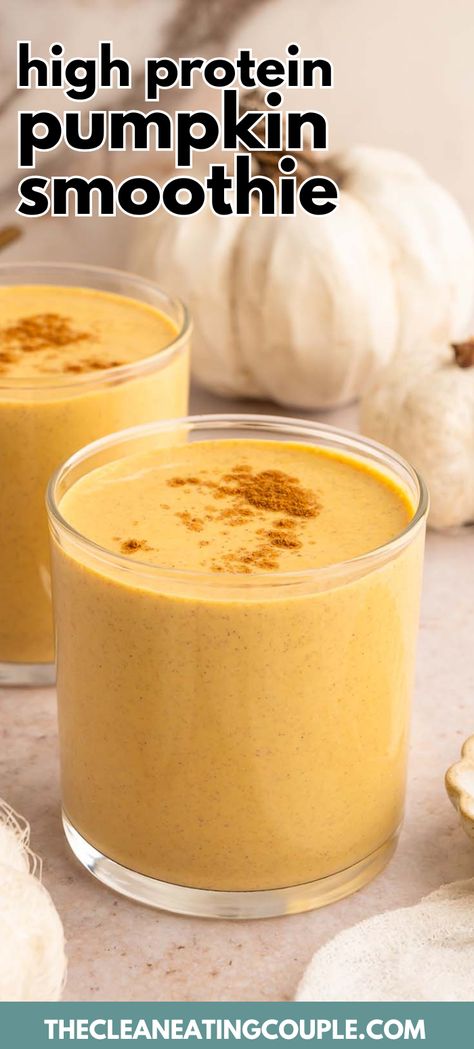 A High Protein Pumpkin Smoothie that is packed with 30g+ of protein! Easily made vegan, this pumpkin protein shake is delicious and can be made in 5 minutes! It's made with no bananas and is great for a post workout snack to support weight loss. Arbonne Pumpkin Protein Shake, Pumpkin Protein Smoothie Healthy, Canned Pumpkin Smoothie, Protein Veggie Smoothie Recipes, Protein Oat Smoothie, Simple Protein Smoothie, Chocolate Pumpkin Protein Shake, Pumpkin Smoothie No Banana, Veggie Protein Smoothie