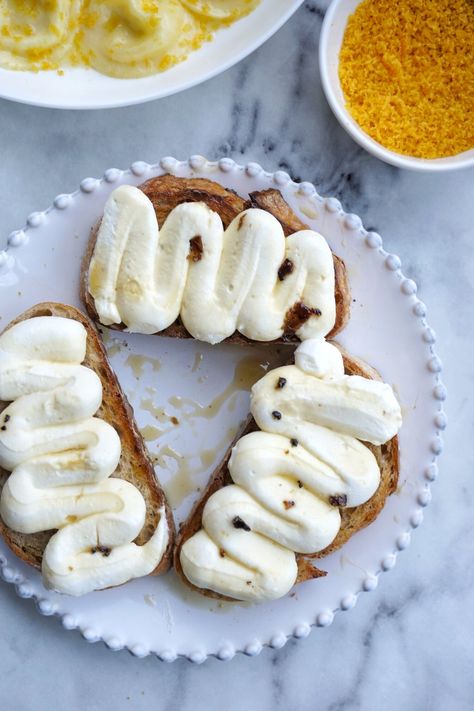 Whipped Ricotta Crostini with Truffle Honey — NYCFoodComa Whipped Ricotta Honey Truffle, Vegetarian Italian Recipes, Rustic Italian Bread, Truffle Honey, Ricotta Crostini, Ricotta Toast, Whipped Ricotta, Truffle Salt, Vegetarian Italian