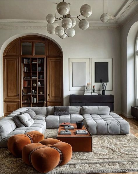 Orange Grey Living Room, Orange And Grey Living Room, Burnt Orange Interior, Grey Living Room, Earthy Home Decor, Living Room Orange, Antique Interior, Commercial Interior Design, Living Room Inspo