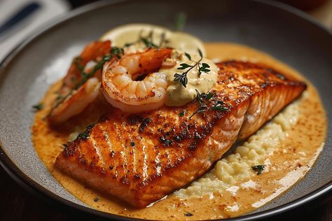 Red Salmon, Shrimp & Grits with Cajun Cream Sauce: A Rich and Flavorful Southern Recipe Featuring Blackened Salmon, Succulent Shrimp, and Creamy Grits. Red Snapper Shrimp And Grits, Salmon Grits Recipe, Cajun Fish Sauce, Red Snapper With Creamy Creole Sauce, Salmon And Grits Recipes, Salmon And Grits, Cajun Cream Sauce, Shrimp N Grits Recipe, Creole Sauce