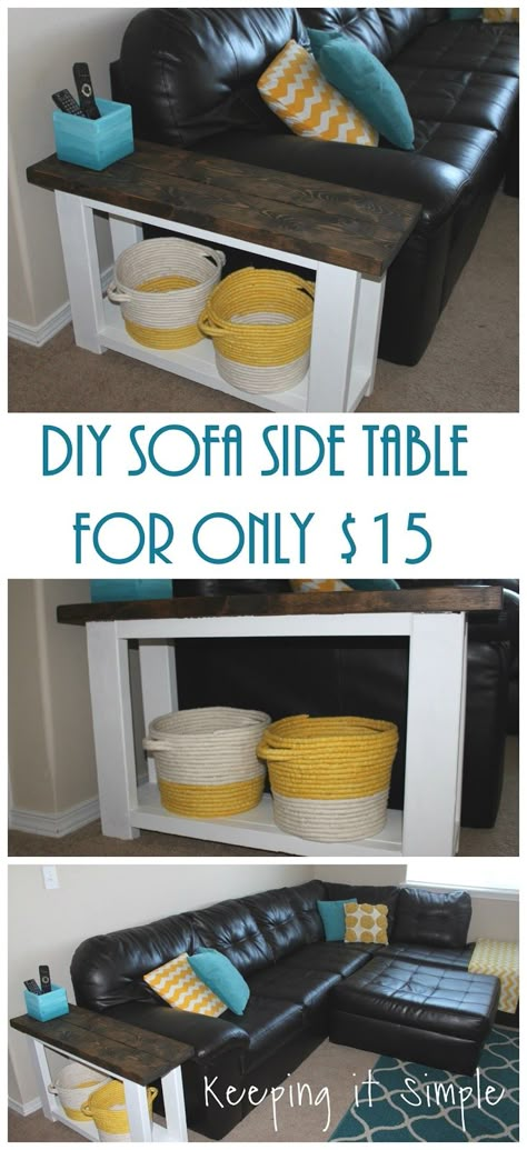 How to build a DIY sofa side table for about 15 dollars!  Step by step instructions Built In Sofa, Diy Hanging Shelves, Diy Side Table, Remodel Diy, Diy Sofa Table, Apartment Makeover, Short Article, Diy Sofa, Diy Remodel