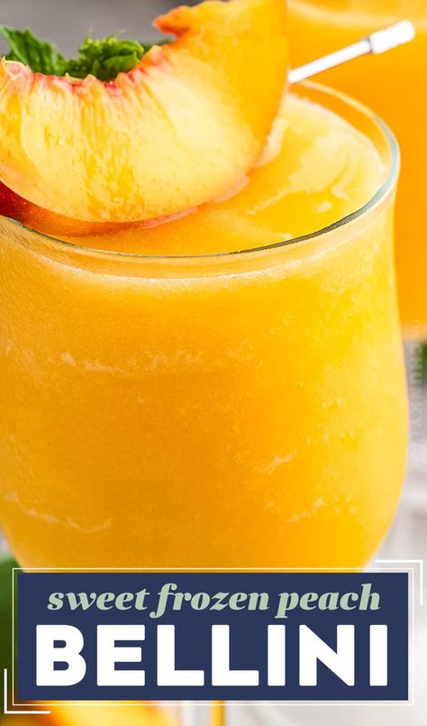 Frozen Peach Lemonade Slush, Frozen Peach Bellini Recipe, Bellini Cocktail Recipes, Peach Bellini Recipe, Frozen Peach Bellini, Frozen Drinks Alcohol, Liquid Therapy, Bellini Cocktail, The Chunky Chef