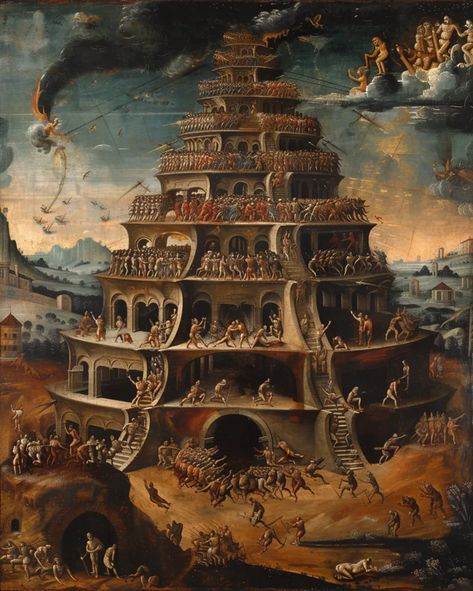 The painting is about the Tower of Babel. The story is from the Bible, and it tells how the people of the world tried to build a tower to reach heaven ->> more details in ai-img-gen.com Babel Tower, Tower Of Babylon, The Tower Of Babel, Dads Room, Failed Attempt, Gardens Of Babylon, Tower Of Babel, Book Aesthetics, Biblical Art