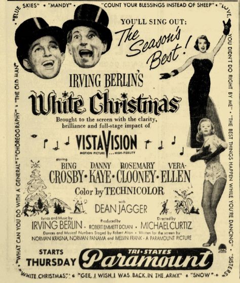 Do you have a favorite Christmas movie? Here's a classic from 1954 - White Christmas. Discover other holiday classics at NewspaperArchive.com! #WhiteChristmas #christmas #holidayseason White Christmas Movie, Movie Ads, Irving Berlin, Sing Out, Christmas Movie, Paramount Pictures, Classic Movies, Christmas Movies, Motion Picture