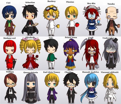 Cute characters of Black Butler. Japanese Anime Names, Anime Character Names, Black Butler Characters, Black Butler 3, Black Butler Anime, Black Butler Kuroshitsuji, Butler Anime, Chibi Characters, X Reader