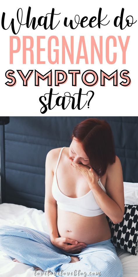 Text: What week do pregnancy symptoms start? Pregnant woman covers her mouth while feeling nauseous. One Month Pregnant, 35 And Pregnant, 38 And Pregnant, Four Weeks Pregnant, 1 Week Pregnant Symptoms, Pregnancy Symptoms Week By Week, First Prenatal Visit, Week 3 Pregnancy Symptoms, First Month Pregnancy Symptoms