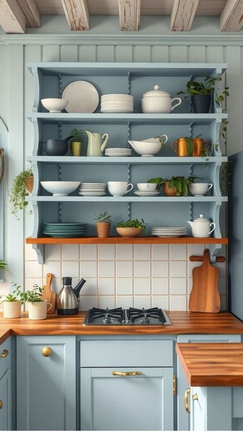 Cozy kitchen with blue cabinets, open shelves displaying dishes and plants, wooden countertops, and a stove. Blue Kitchen Walls Wood Cabinets, Blue Cottage Kitchen Cabinets, Light Blue Cottage Kitchen, Blue Kitchen Design Ideas, Blue And White Cottage Kitchen, Light Blue Gray Kitchen Cabinets, Small Colourful Kitchen, Small Blue Kitchen, Blue And Cream Kitchen