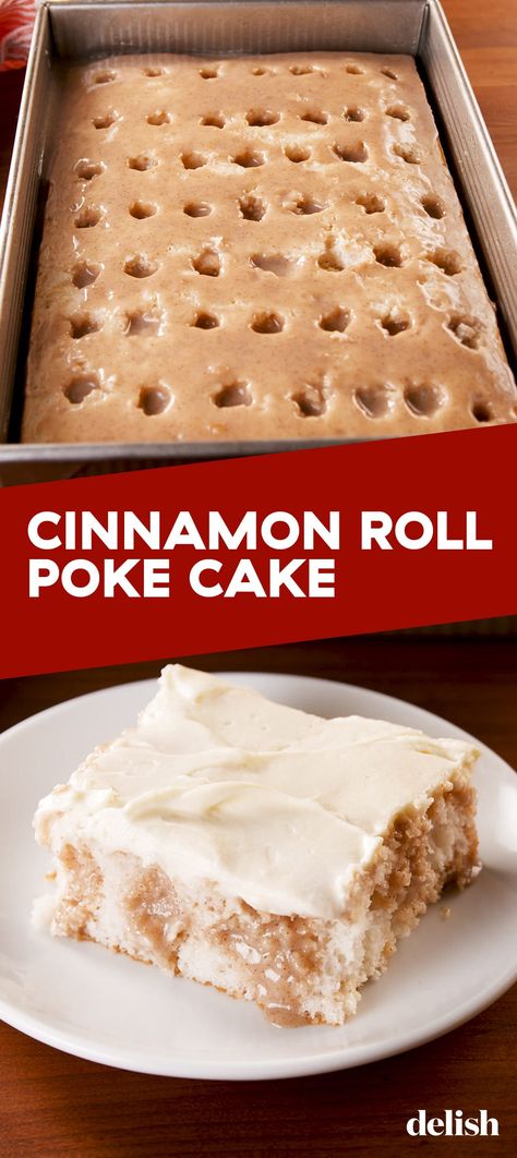 If You Do One Thing This Weekend, Bake This Cinnamon Roll Poke CakeDelish Cinnamon Roll Poke Cake, Mounds Cake, Poke Cake Recipes, Cinnamon Roll Cake, Poke Cakes, A Piece Of Cake, Poke Cake, Cake Mix Recipes, Cupcake Cake