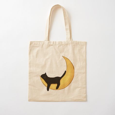 Get my art printed on awesome products. Support me at Redbubble #RBandME: https://www.redbubble.com/i/tote-bag/Moonlight-Cat-Cute-Aesthetic-Feline-Friend-Cat-Lover-Kitten-Moon-by-Maviartig/160709828.P1QBH?asc=u Tote Bag Cat Design, Tote Bag Ideas Paint, Aesthetic Tote Bag Design, Totebag Painting, Tote Bag Painting Ideas, Totebag Aesthetic, Clothes Painting, Handpainted Tote Bags, Bag Painting