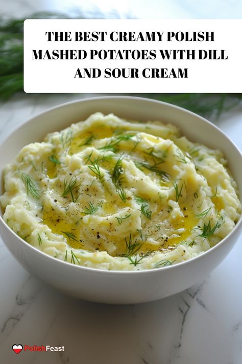 Polish Mashed Potatoes with Dill and Sour Cream are a creamy, flavorful side dish that adds a delightful twist to traditional mashed potatoes. This recipe incorporates the rich flavors of butter, sour cream, and fresh dill, making it a perfect accompaniment to any main course. Dill Mashed Potatoes, Potatoes With Dill, Sour Cream Mashed Potatoes, 3 Peas In A Pod, Sour Cream Uses, Sour Cream Potatoes, Classic Mashed Potatoes, Dill Potatoes, Dill Recipes