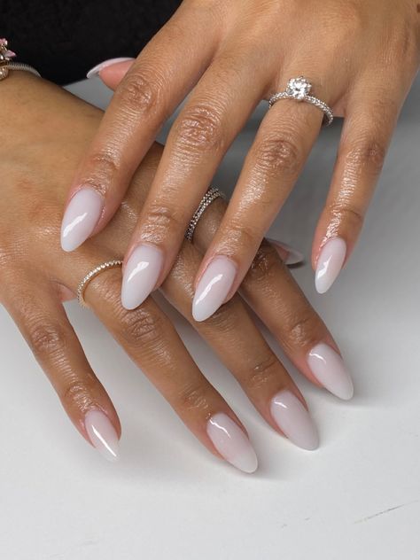 Gel Nails Feminine, Natural Almond Nails Milky White, Clear White Almond Nails, Almond Milky Pink Nails, Pointed Oval Nails, Acrylic Nails For Women Over 40, Gel X Nail Shapes, Dainty Nails Almond, Milky White Short Almond Nails