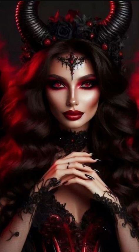 Demon Queen Costume, Lilith Makeup Halloween, Demoness Aesthetic, Lilith Halloween Costume, Goddess With Horns, Lilith Costume Halloween, Witch With Horns, Lilith Makeup, Lilith Costume