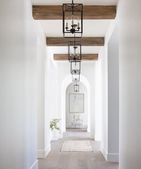 Hallway Light Fixtures, Hallway Designs, Hallway Design, Casas Coloniales, Hallway Lighting, Entry Hall, Wooden Beams, Wood Beams, House Inspo