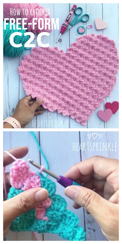 Free Form C2C Heart Free Crochet Pattern Crochet Puff Stitch Heart Pattern, Crochet Heart Motif Free Pattern, C2c Crochet Heart Pattern Free, Large Crochet Heart, C2c Heart, Heart Blanket Crochet Pattern, Crochet Shapes, C2c Patterns, Crochet Heart Blanket