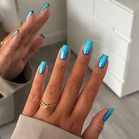 Turquoise Nail Designs, Blue Chrome Nails, Teal Nails, Turquoise Nails, Nail Acrylic, Blue Chrome, January Nails, Mirror Metal, Nails Press