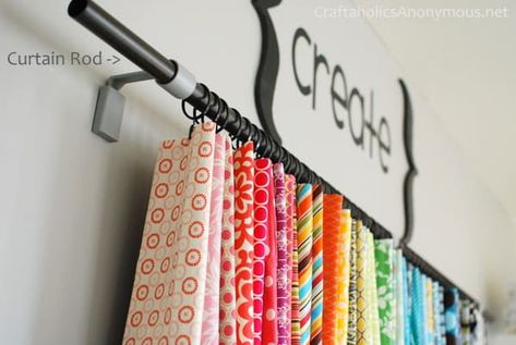 Fabric Storage Ideas - "Sew it, Win it, Build it" from P4P - Patterns for Pirates Cute Craft Ideas For Your Room Wall Art, Display Fabric Ideas, Fabric Sample Storage, How To Store Leggings, Scarf Hanging Ideas, Fabric Display Ideas, Fabric Sample Display, Organize Leggings, Scarf Display Ideas