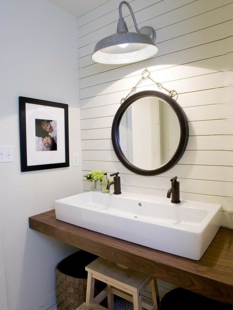 chunky wood floating bathroom vanity, rectangular white porcelain sink, --- love this floating vanity! Farmhouse Bathroom Decor Ideas, Bilik Air, Decor Baie, Bad Inspiration, Country Bathroom, Modern Farmhouse Bathroom, Basement Bathroom, Bathroom Update, Farmhouse Bathroom Decor