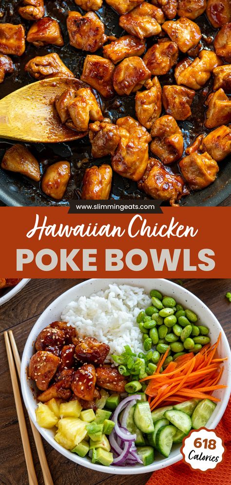 Indulge in the ultimate tropical feast with our Hawaiian Chicken Poke Bowl recipe! Enjoy tender sticky glazed chicken, fluffy rice, and a vibrant array of fresh vegetables with a drizzle of spicy mayo Meals For After Workout, Recipes For Soft Foods, Hawaiian Chicken Bowl Recipe, Chicken Clean Eating Recipes, Meal Prep Protein Lunch, Healthy Supper Ideas Clean Eating, Easy Weekend Dinner Ideas, Asian Bowl Recipes, Healthy Dinner Low Calorie