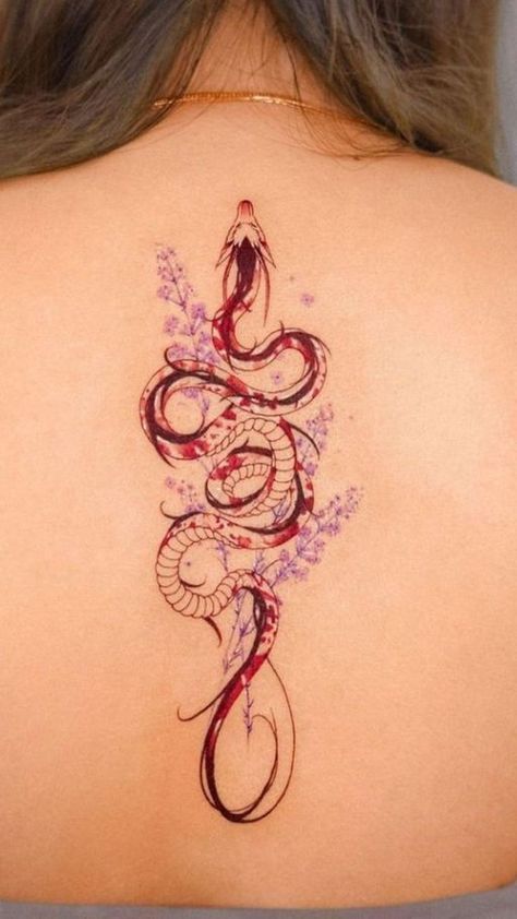 Spine Tattoo Red, Red Dragon Spine Tattoo, Red Spine Tattoos, Spine Tats, Flower Spine Tattoos, Red Dragon Tattoo, Botanical Tattoos, Tato Minimal, Dragon Tattoo Ideas