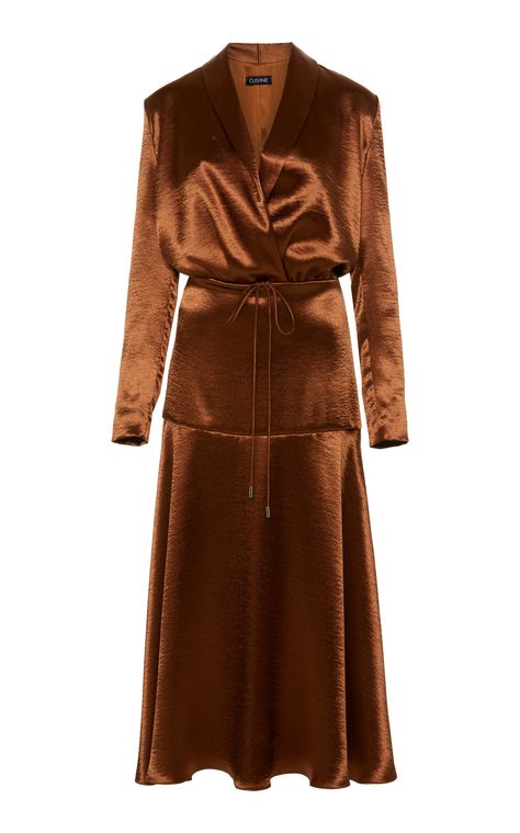 Satin Midi Dresses, Brown Satin Dress, Copper Dress, Maria Lucia Hohan, Eid Outfits, Pakistan Fashion, Dress Design Sketches, Brown Satin, Bow Collar