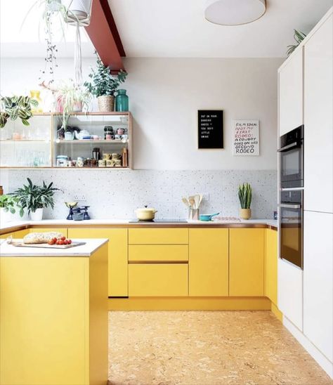 Floating Kitchen, Yellow Kitchen Tiles, Mid Mod Kitchen, Yellow Kitchen Designs, Terrazzo Kitchen, Yellow Kitchen Cabinets, Retro Style Kitchen, 70s Kitchen, Dark Dining Room