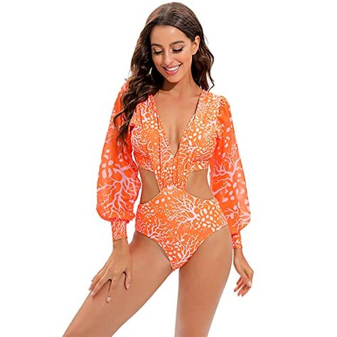 Surf Swimsuit, Long Sleeve Swimwear, Orange Swimsuit, Coral Print, Sea Coral, Long Sleeve Swimsuit, Green Swimsuit, Swimsuit Women, Swimsuits Hot