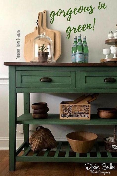 Green Painted Furniture, Farmhouse Paint, Serving Cart, Green Furniture, Gravel Road, Furniture Paint, Dixie Belle Paint, Furniture Vanity, Chalk Paint Furniture