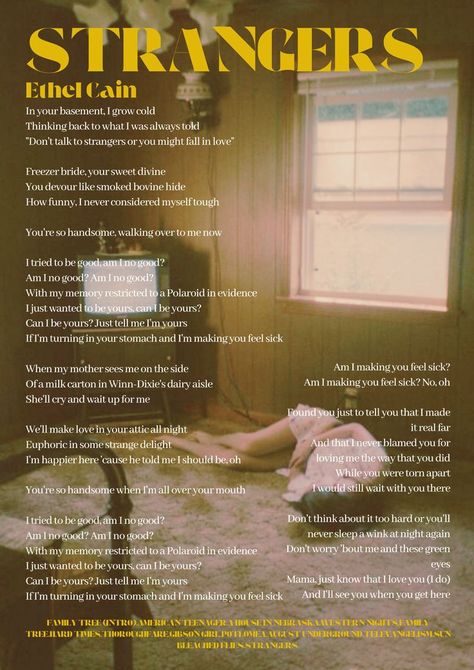 Daughter Lyrics, Mother Dearest, Ethel Cain, Talk To Strangers, Mommy Dearest, Southern Gothic, Gibson Girl, Lyric Poster, Aesthetic Japan