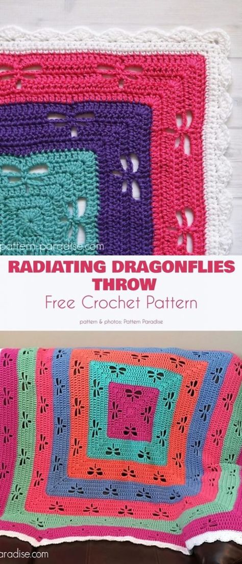 Amazing Dragonfly Blanket Free Crochet Patterns Crochet Dragonfly Pattern, Dragonfly Crochet, Crochet Needlework, Crocheted Blanket, Pattern Blanket, Crochet Lace Edging, Crochet Dragon, Crochet Tips, Crochet Curtains