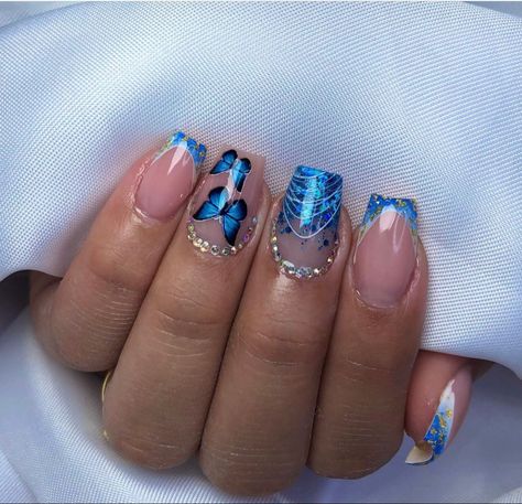 White Tip Nails, Gold Acrylic Nails, Nagel Design, Gel Toes, Butterfly Nails, Blue Gel, Finger Nails, White Tip, Butterfly Nail