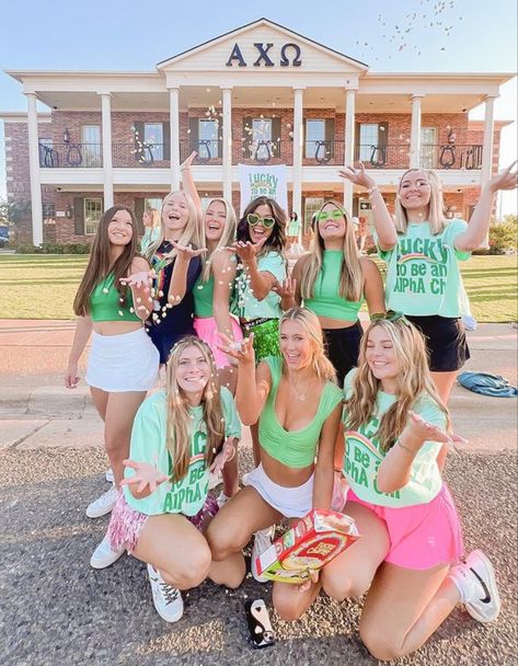 Spirit Week Sorority, Lucky Charm Bid Day Theme, Lucky Charms Bid Day Outfits, Lucky Charm Bid Day, Lucky Charms Outfit, Recruitment Work Week Themes, Lucky Bid Day Theme, Lucky Charms Bid Day, Alpha Xi Delta Bid Day