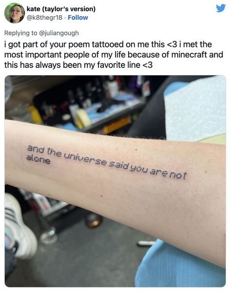 Good for him! #minecraft #endpoem #gaming #gamer #gamingtweets Minecraft Tattoo, Poem Tattoo, Ant Tattoo, Traditional Black Tattoo, Gamer Tattoos, Funky Tattoos, Semicolon Tattoo, Text Tattoo, Gaming Tattoo