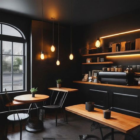 Dark Coffee Shop Aesthetic, Dark Academia Coffee Shop, Yellow Coffee Shop, Restaurant Warehouse, Dark Academia Coffee, Small Cafe Design, Black Theme, Coffee Shop Aesthetic, Small Cafe