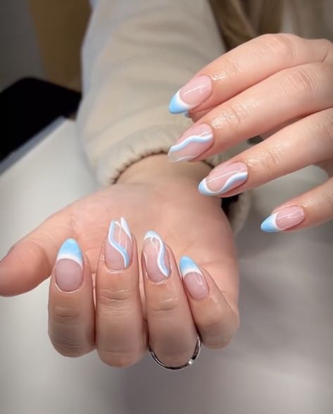 Trending Acrylic Nails Almond, Acrylic Nails Ideas Almond Shape, Blue And White French Tip Nails Almond, Gender Reveal Nails Almond Shape, Nail Designs Almond Shape Ideas, Senior Nails, Periwinkle French Tip Nails Almond, Baby Blue Almond Nails Designs, Classy Spring Nails Almond Blue