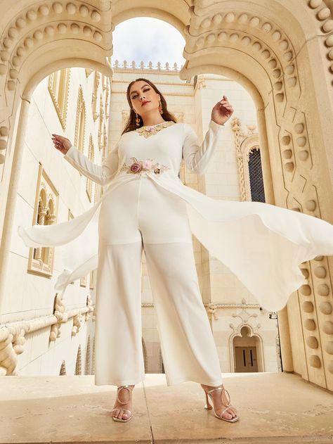 White Glamorous  Long Sleeve Polyester Floral Culottes Embellished Medium Stretch All Plus Size Jumpsuits & Bodysuits Wedding Jumpsuit Plus Size, Jumpsuit Plus Size, Plus Size Bride, Wedding Jumpsuit, Plus Size Jumpsuit, Appliques, Dream Wedding, Bridesmaid Dresses, Jumpsuit